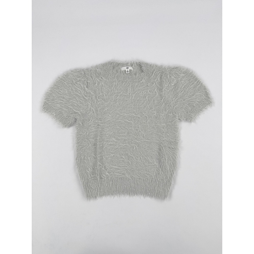 BP Nordstrom Metallic Fuzzy Short Sleeve Sweater Ivory Silver XS